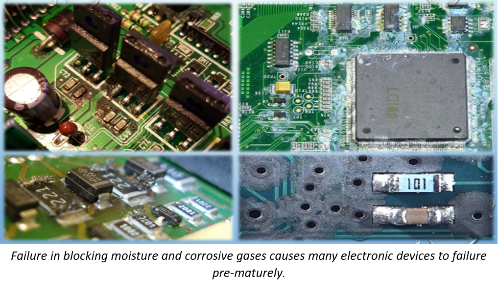 Images of damaged electronics demonstrating the importance of conformal coatings